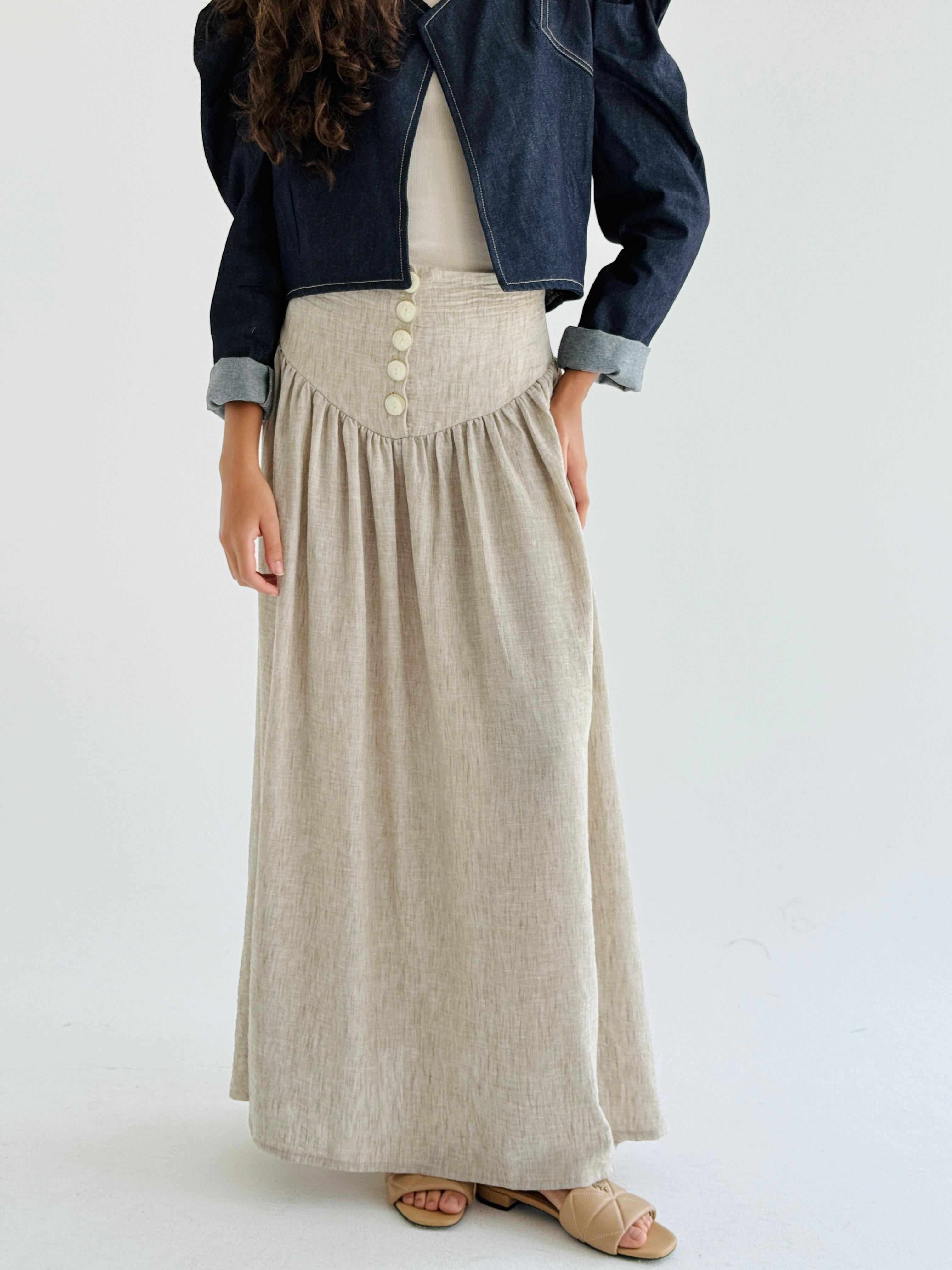 Beige Buttoned Linen Skirt