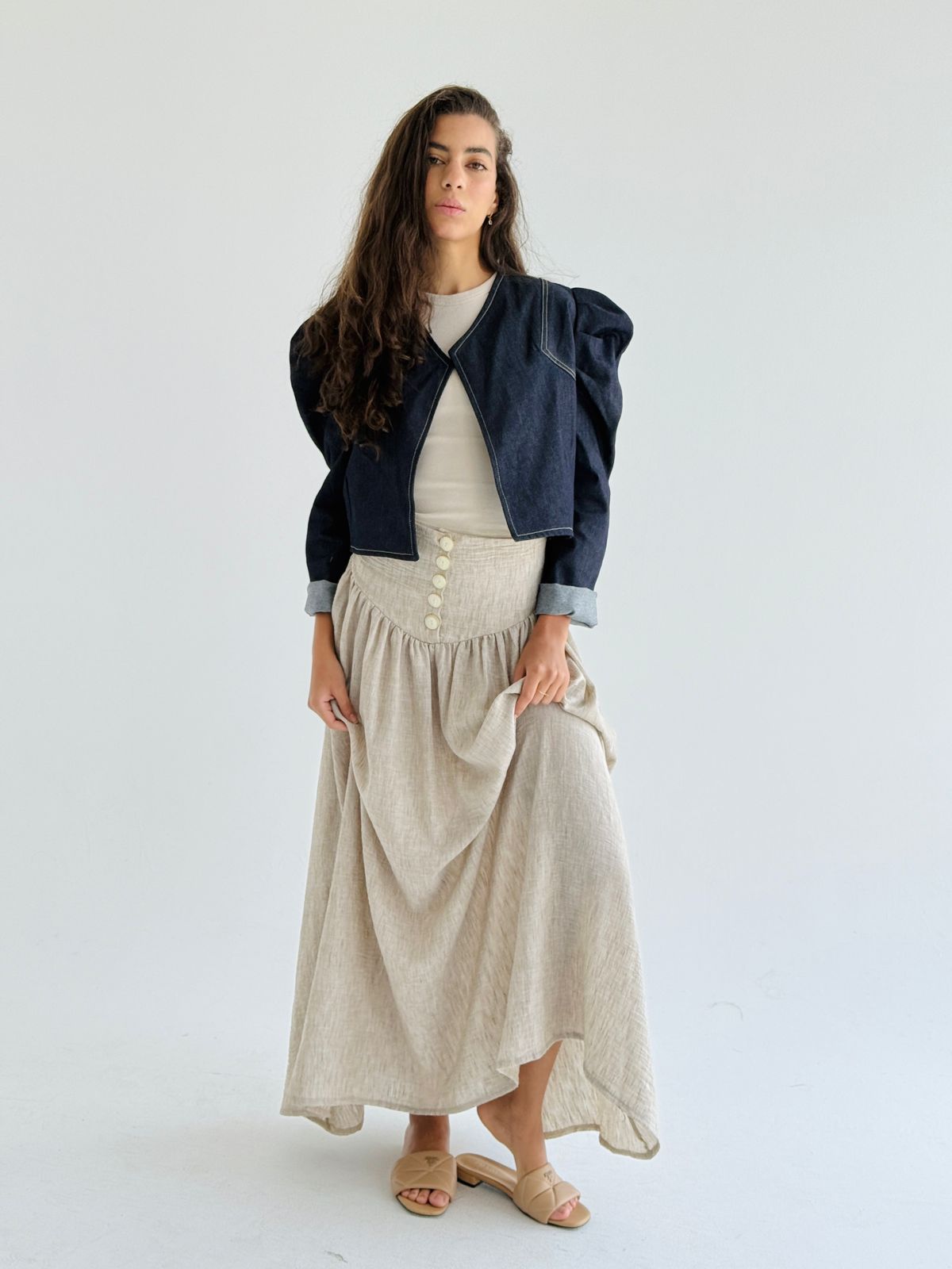 Beige Buttoned Linen Skirt