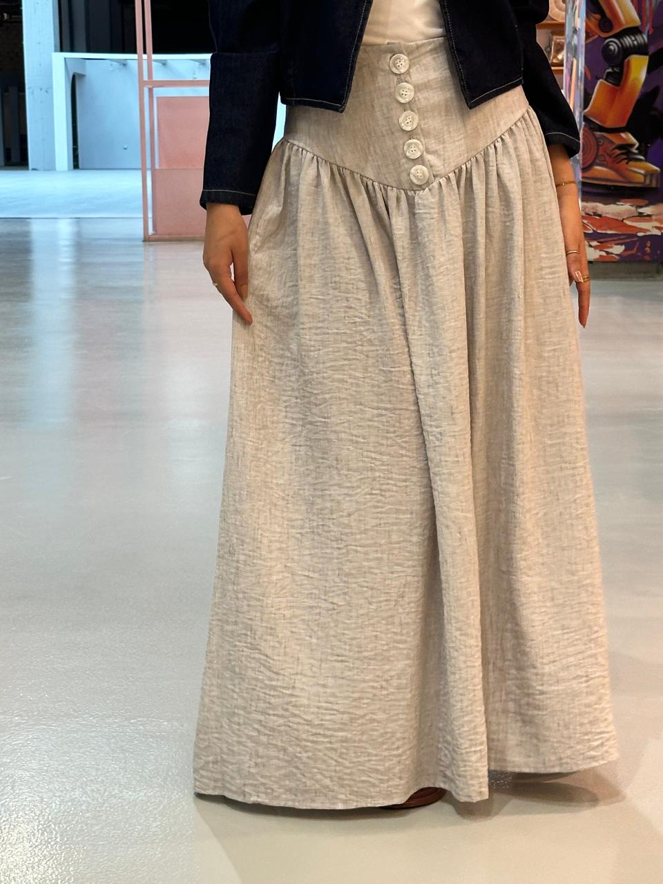 Gray Buttoned Linen Skirt
