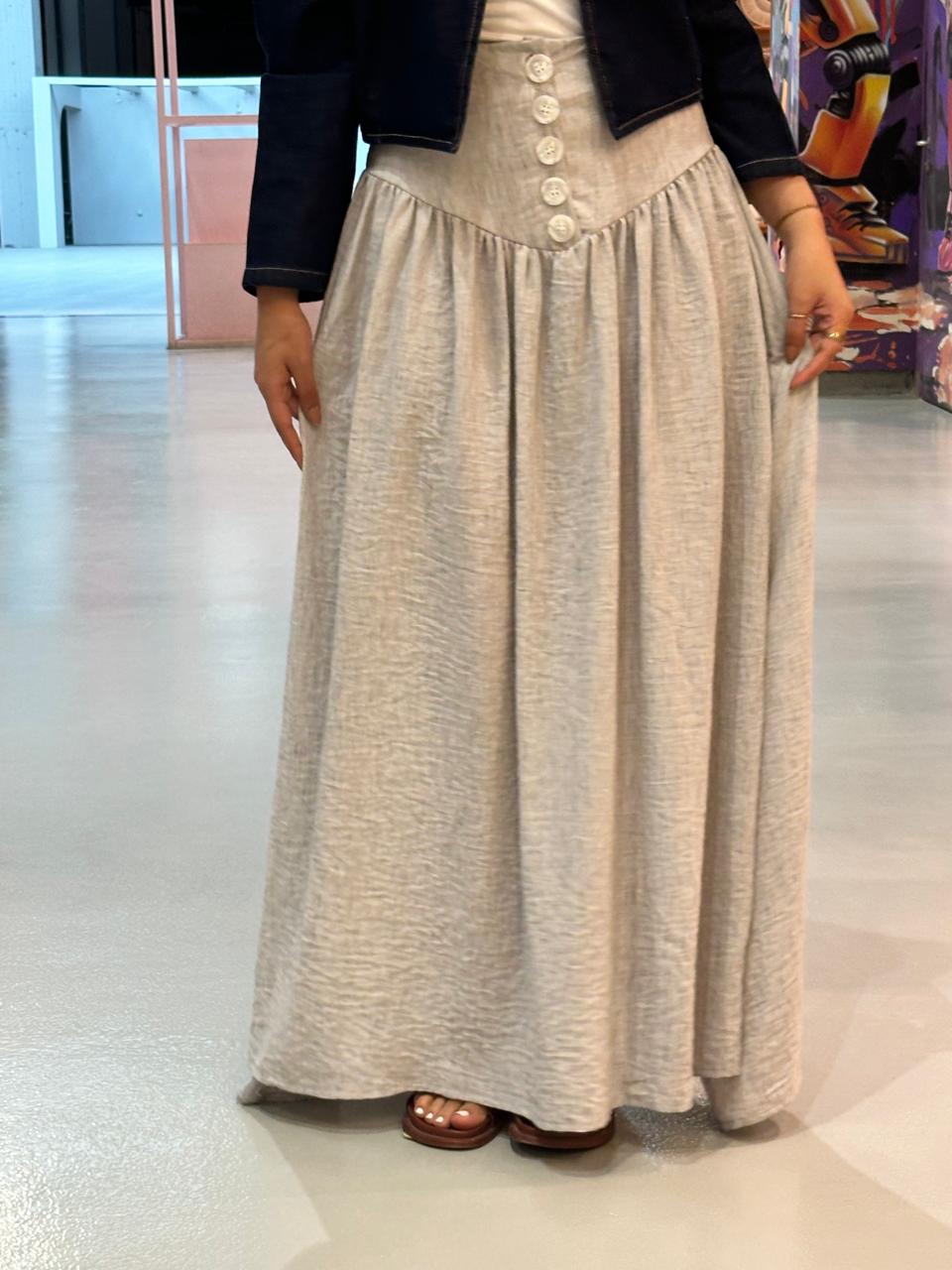 Gray Buttoned Linen Skirt