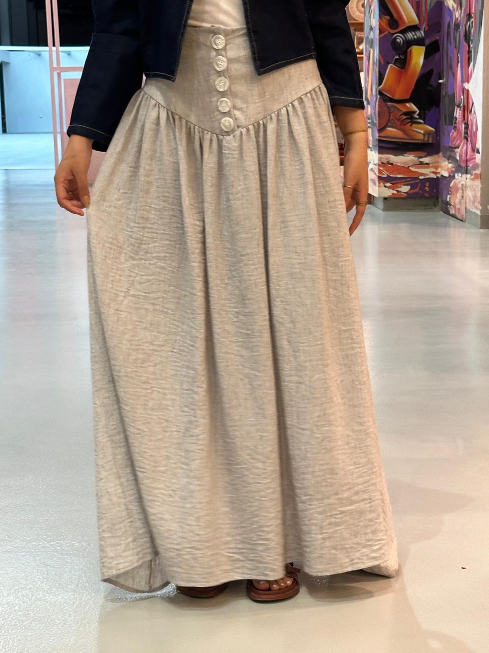 Gray Buttoned Linen Skirt