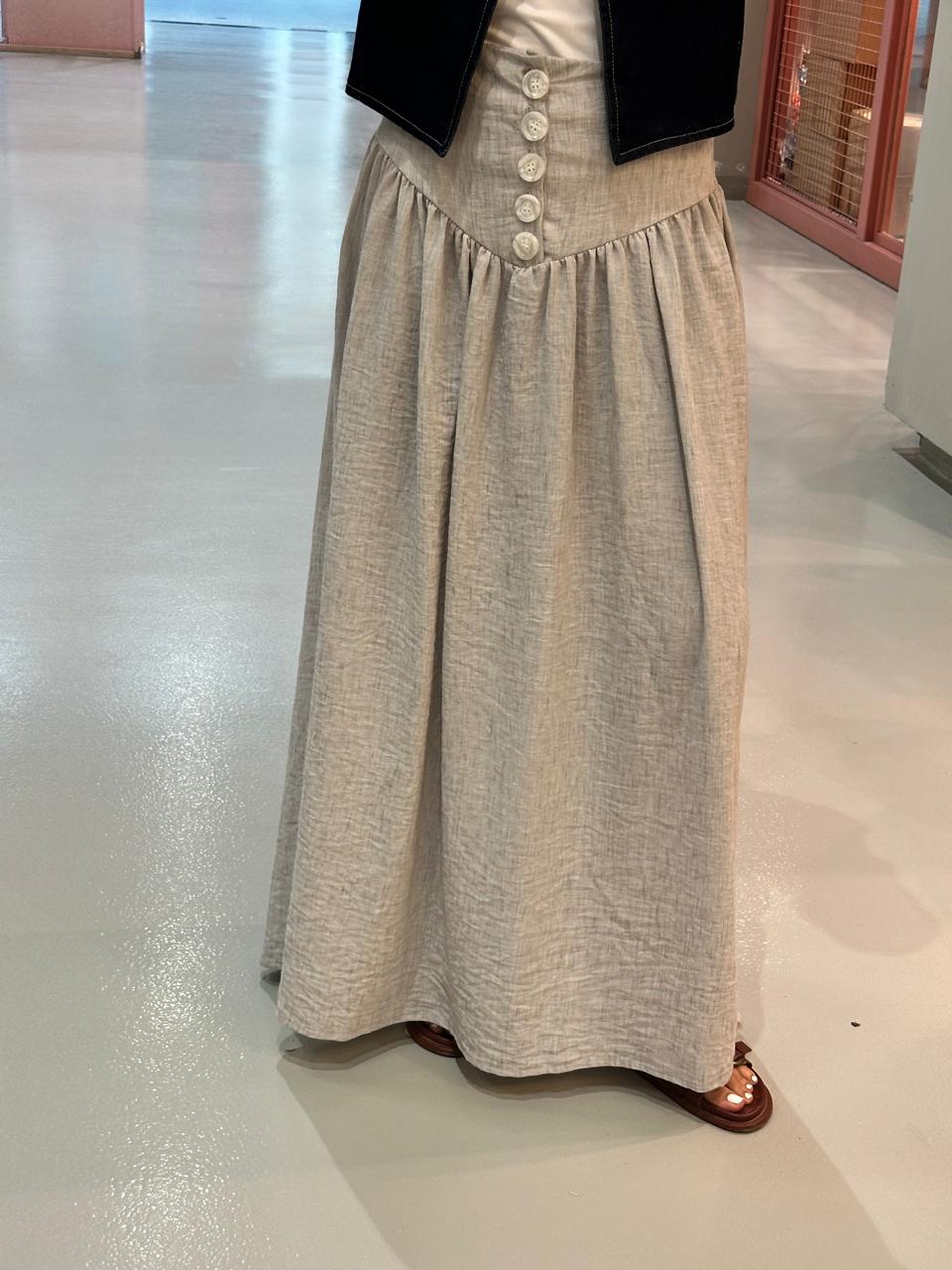 Gray Buttoned Linen Skirt