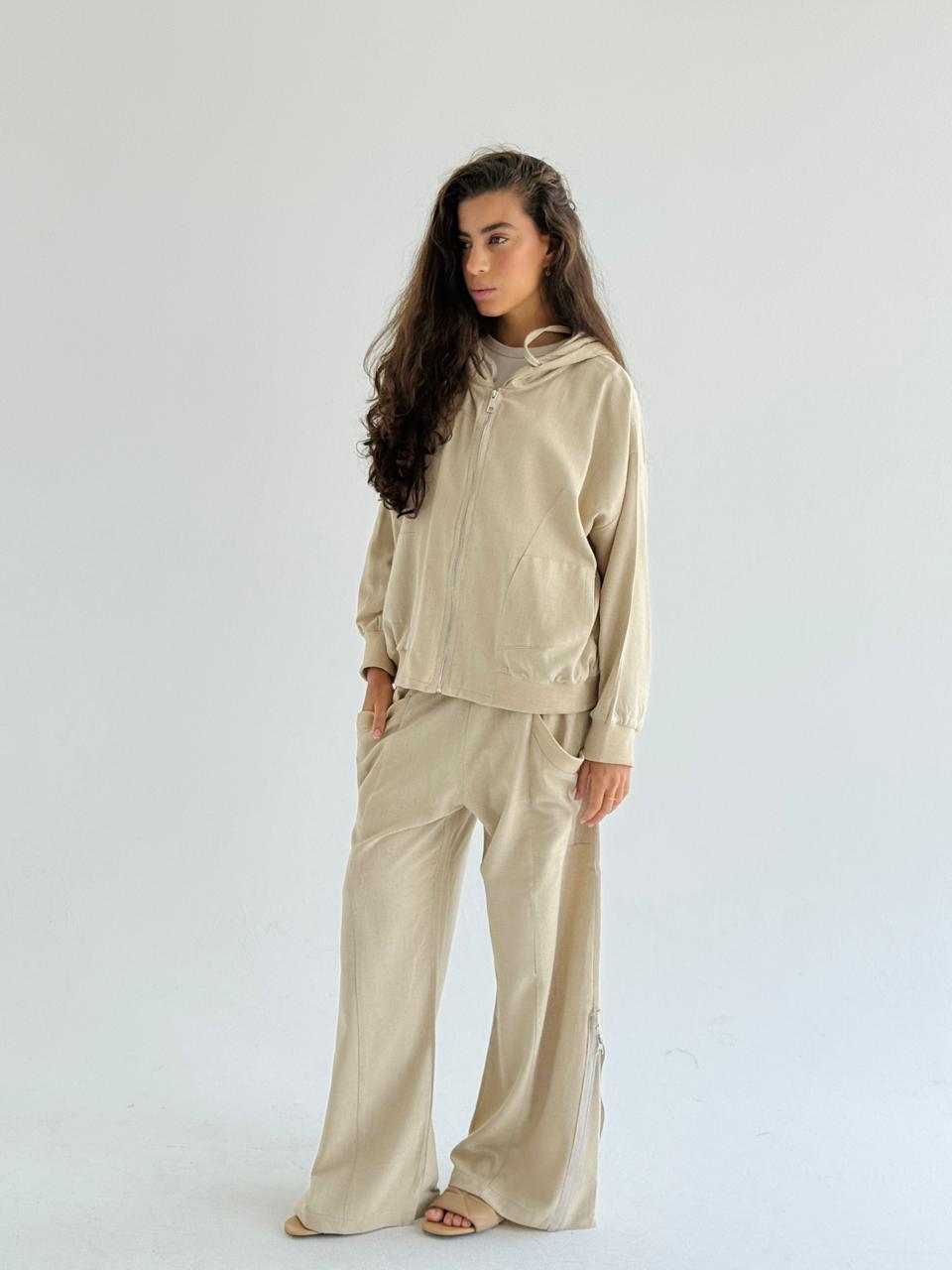 Beige  Zip Up Linen Set