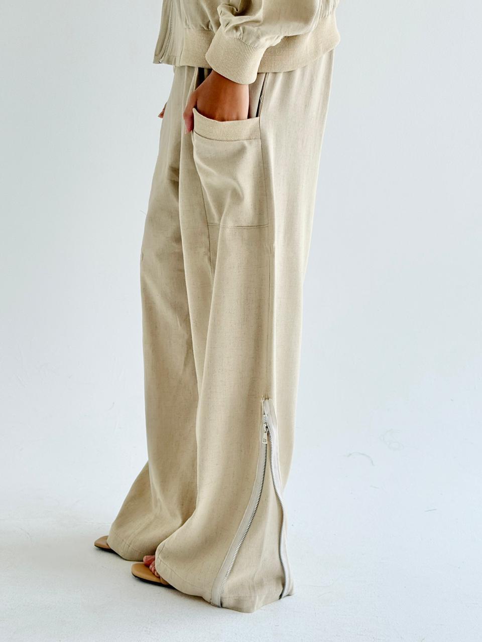 Beige  Zip Up Linen Set