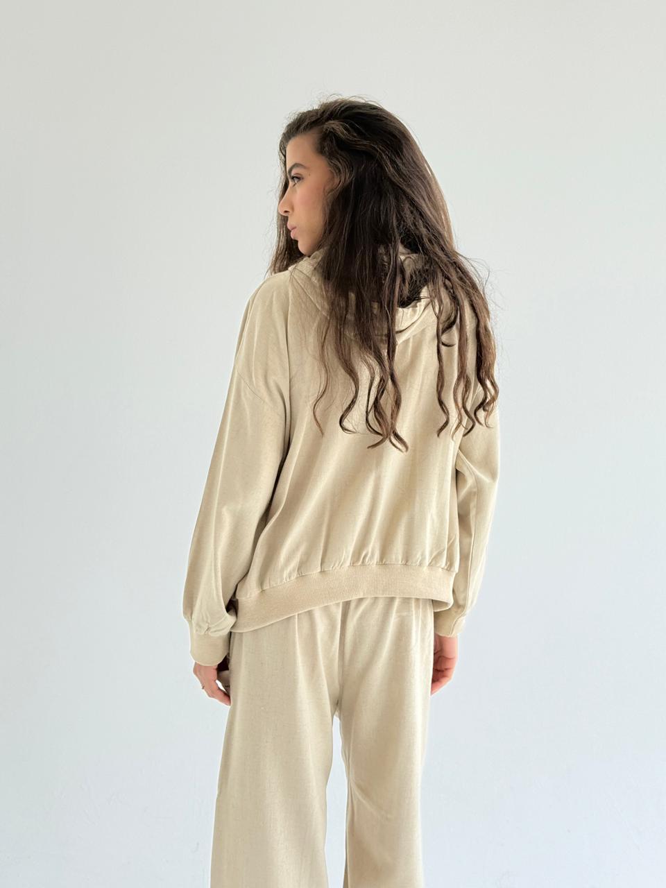 Beige  Zip Up Linen Set
