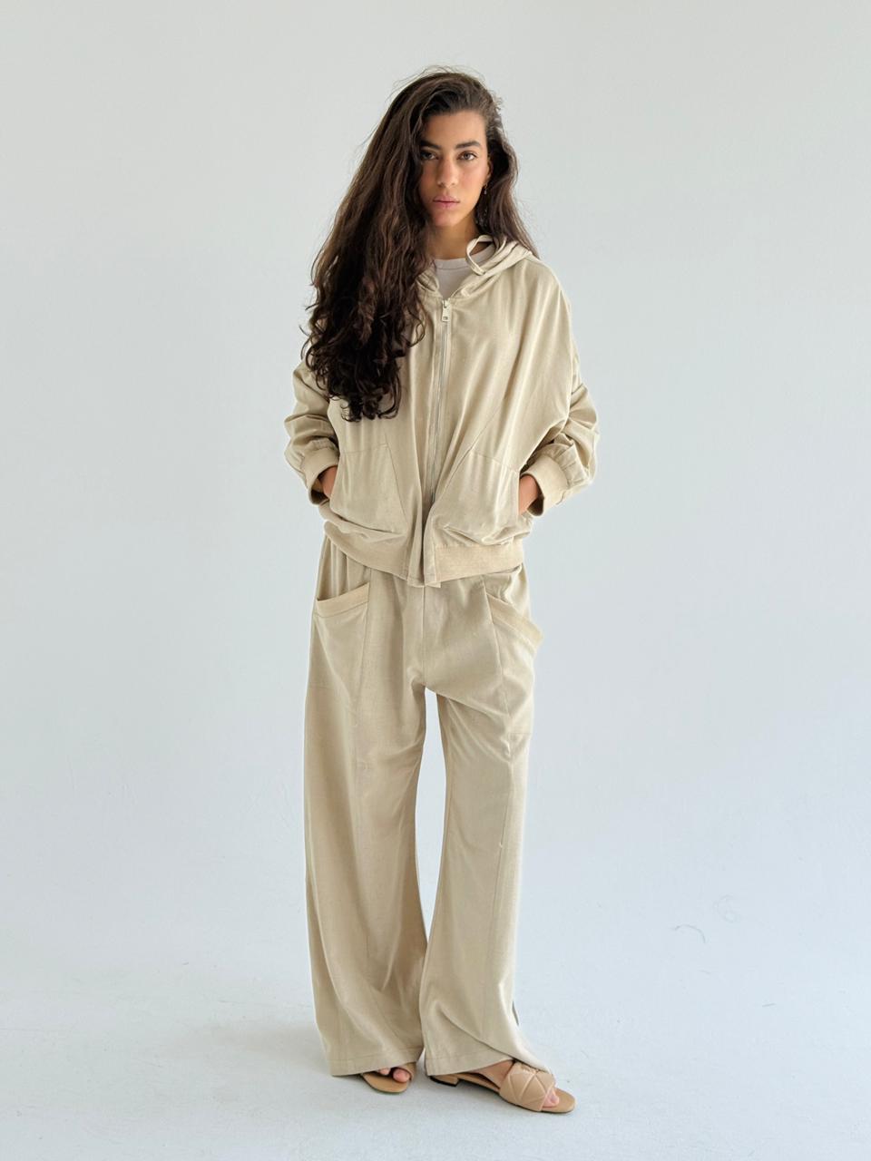 Beige  Zip Up Linen Set