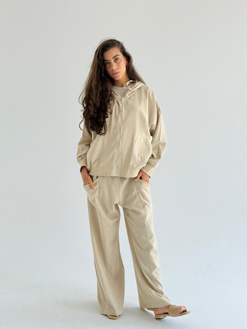 Beige  Zip Up Linen Set