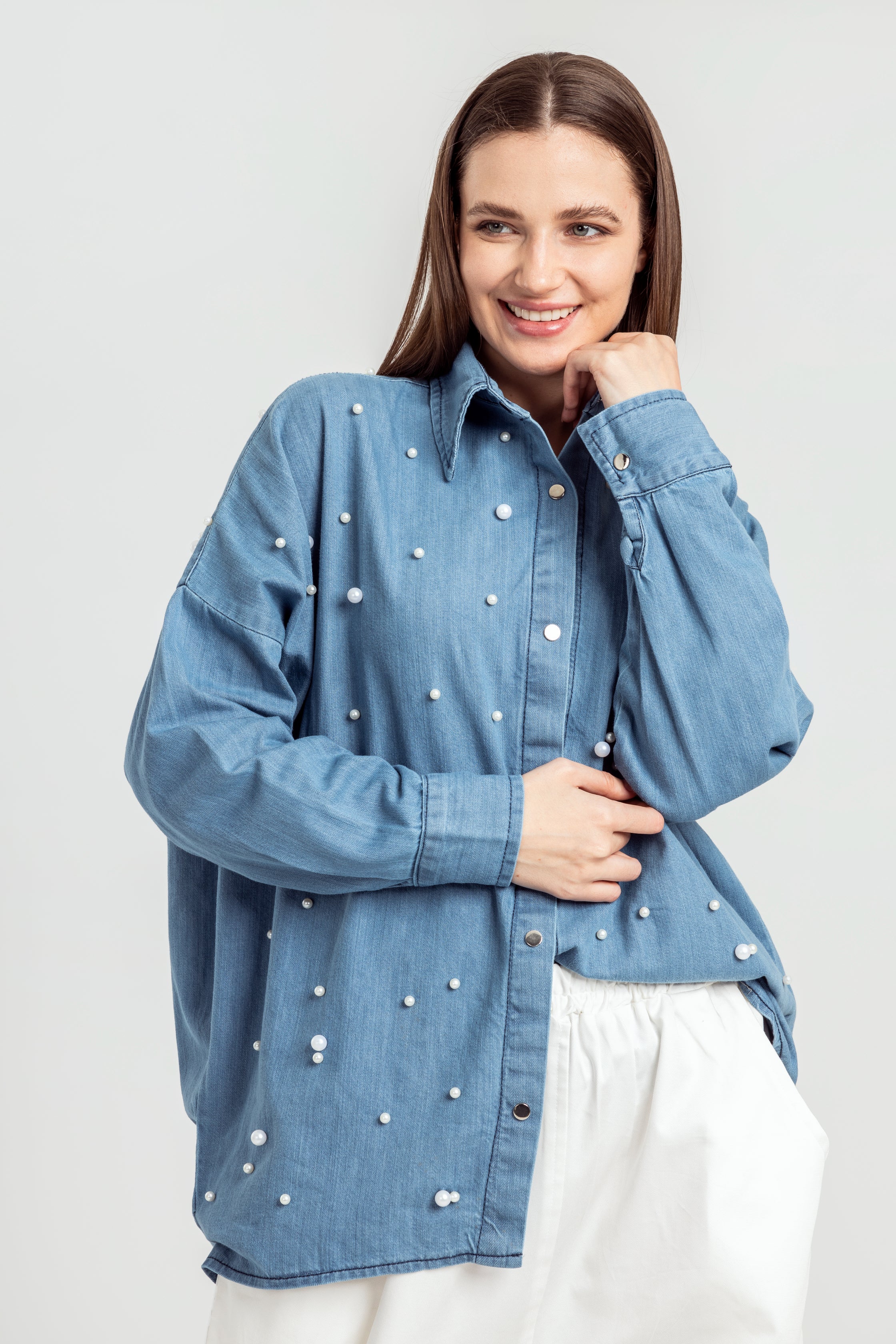 Denim pearl sale shirt