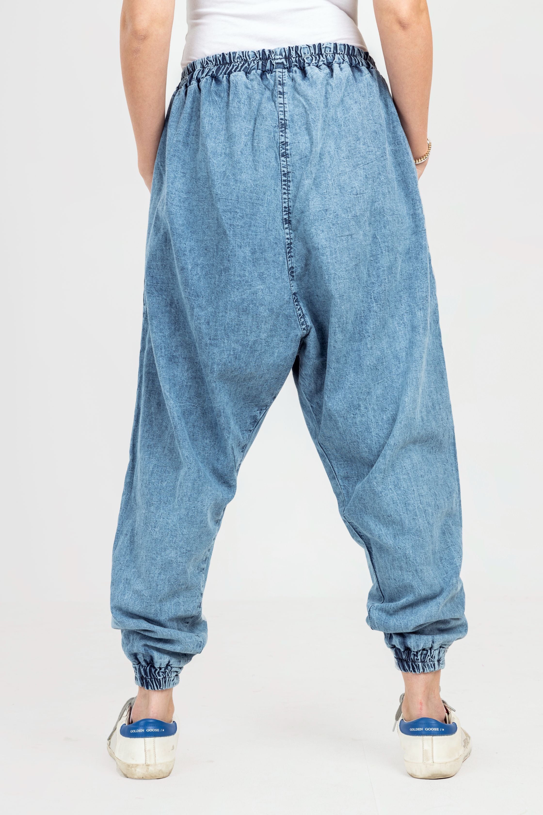 Women Design Ladies Blue Denim Harem Pants Elastic Casual Jeans Female |  eBay