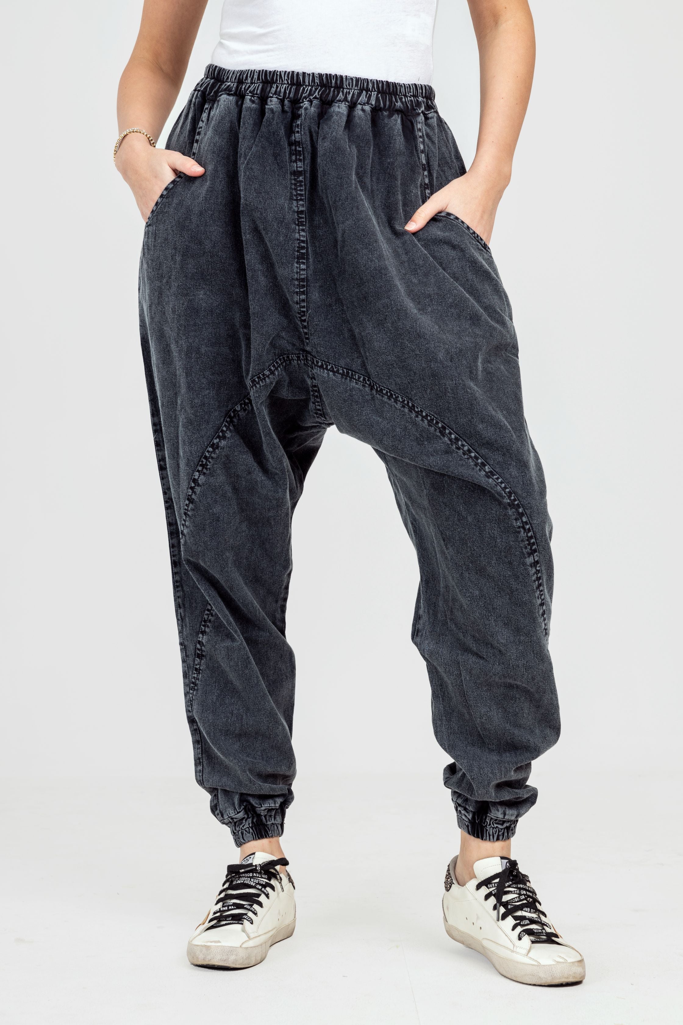 Shirred Waist Flowy Black Harem Pants | Wholesale Boho Clothing